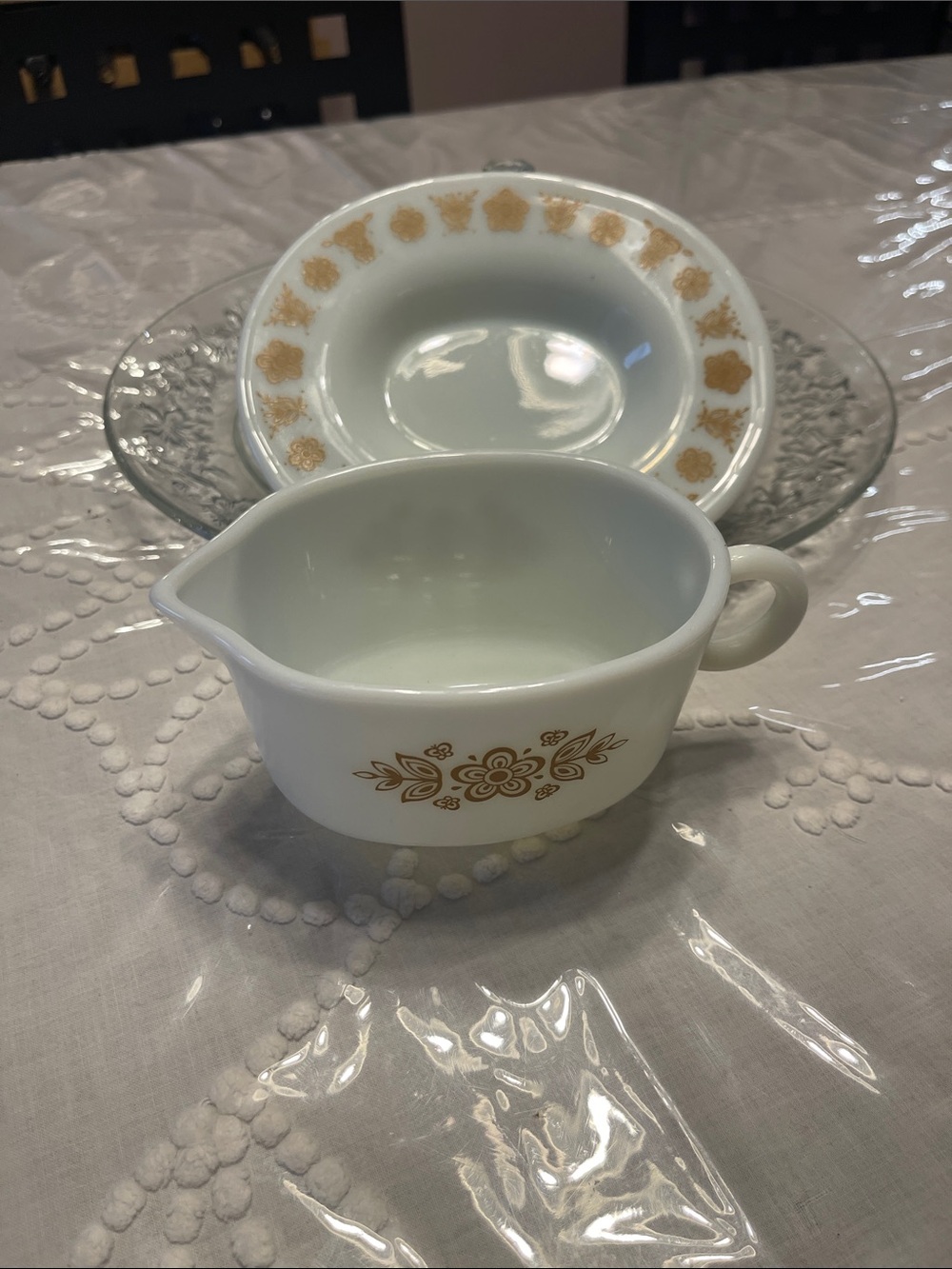 Pyrex White Creamer and Saucer with Gold Floral Pattern - Picture 4 of 7
